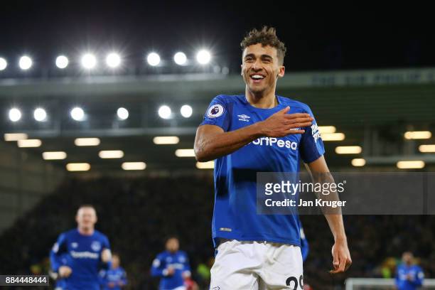 Dominic Calvert-Lewin of Everton celebrates after scoring his sides second goal during the Premier League match between Everton and Huddersfield Town...