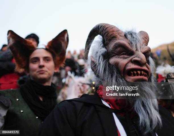 Participants take part in the Whitby Krampus parade on December 2, 2017 in Whitby, England. The Krampus is a horned, anthropomorphic figure from...