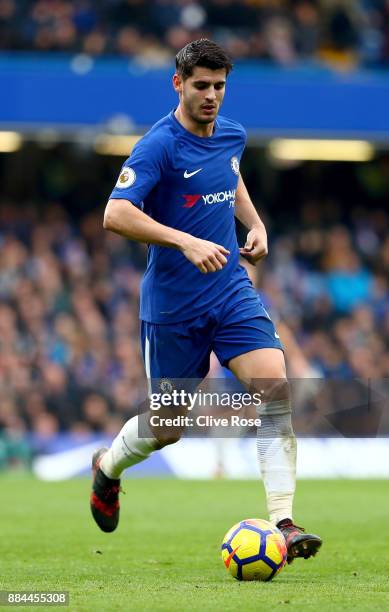 Alvaro Morata of Chelsea in action during the Premier League match between Chelsea and Newcastle United at Stamford Bridge on December 2, 2017 in...