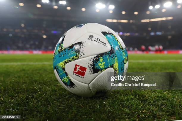 The match ball with a logo in celebration of 20 years of volunteers during the Bundesliga match between FC Schalke 04 and 1. FC Koeln at...