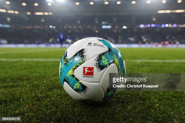 The match ball with a logo in celebration of 20 years of volunteers during the Bundesliga match between FC Schalke 04 and 1. FC Koeln at...