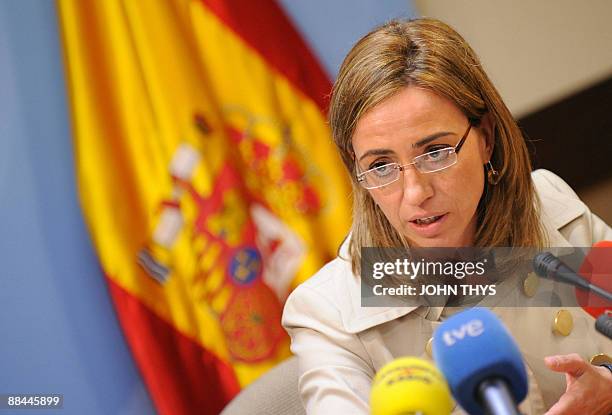 Spanish Defense Minister Carme Chacon gives a press conference on June 12, 2009 after a meeting of NATO defense ministers at organization...