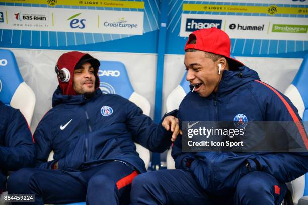 Layvin Kurzawa and Kylian Mbappe of PSG during the Ligue 1 match between Strasbourg and Paris Saint Germain at La Meinau Stadium on December 2, 2017...