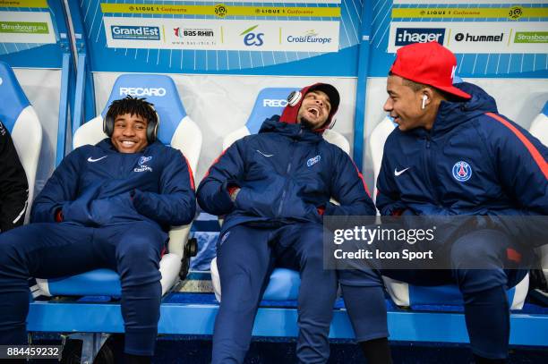 Christopher Nkunku, Layvin Kurzawa and Kylian Mbappe of PSG during the Ligue 1 match between Strasbourg and Paris Saint Germain at La Meinau Stadium...