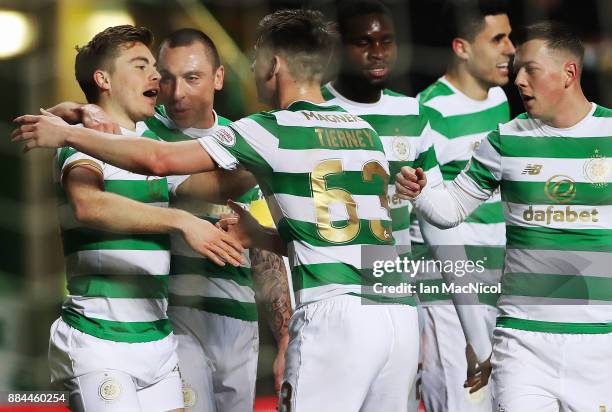 James Forrest of Celtic celebrates scoring his team's fourth goal during the Ladbrokes Scottish Premiership match between Celtic and Motherwell at...