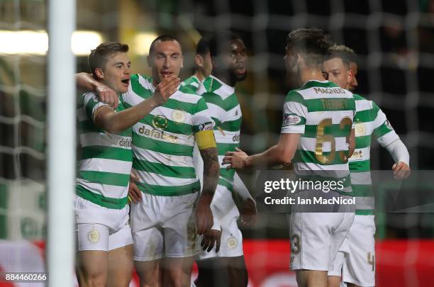 James Forrest of Celtic celebrates scoring his team's fourth goal during the Ladbrokes Scottish Premiership match between Celtic and Motherwell at...