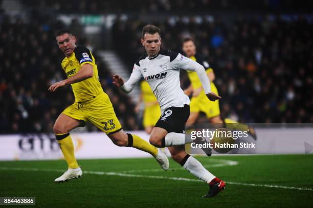 Andreas Weimann of Derby County and Jake Buxton of Burton Albion in action during the Sky Bet Championship match between Derby County and Burton...