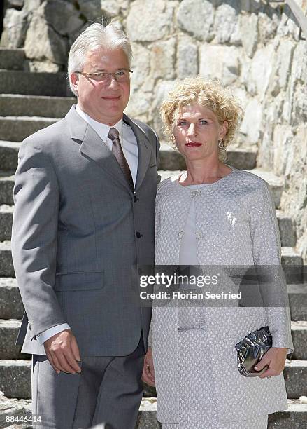 Sabine Becker-Schorp and husband arrive at the legal wedding of Boris Becker and Sharlely Kerssenberg at Segantini Museum on June 12, 2009 in St...