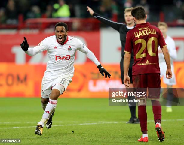Jefferson Farfan of FC Lokomotiv Moscow celebrates after scoring a goal during the Russian Premier League match between FC Lokomotiv Moscow and FC...