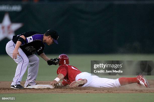 Omar Mendonza of Chihuahua's Dorados and Ivan Terrazas of Mexico's Diablos Rojos during their game valid for Mexican BaseBall League 2009 at Foro Sol...