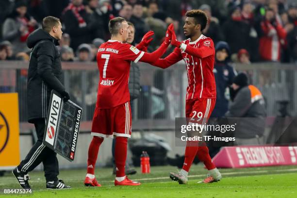 Franck Ribery of Bayern Muenchen comes on as a substitute for Kingsley Coman of Bayern Muenchen during the Bundesliga match between FC Bayern...