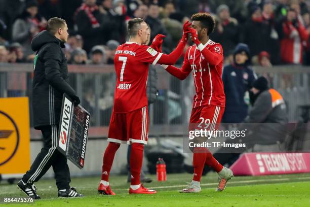 Franck Ribery of Bayern Muenchen comes on as a substitute for Kingsley Coman of Bayern Muenchen during the Bundesliga match between FC Bayern...