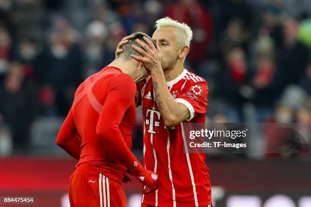 Franck Ribery of Bayern Muenchen and Rafinha of Bayern Muenchen celebrate after winning the Bundesliga match between FC Bayern Muenchen and Hannover...