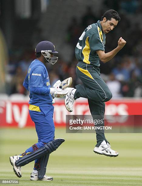 Umar Gul of Pakistan celebrates the wicket of Chamara Silva of Sri Lanka during the Super 8 stage of the ICC Twenty20 Cricket World Cup at Lords in...