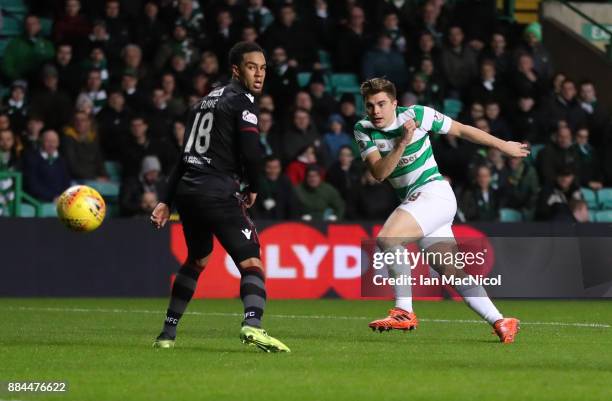 James Forrest of Celtic scores his teams fifth goal during the Ladbrokes Scottish Premiership match between Celtic and Motherwell at Celtic Park on...