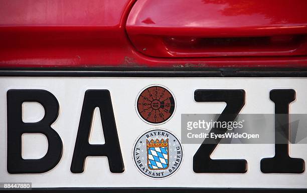 Sign of a car with BAZI which is a nickname for a Bavarian person on June 11, 2009 in Bamberg, Germany. Bamberg is listed as a World Heritage by...