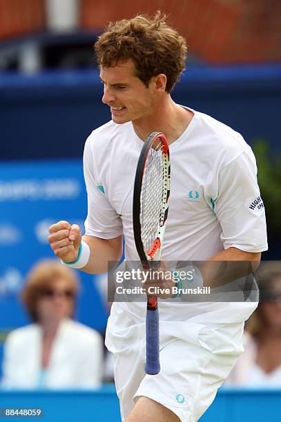 Andy Murray of Great Britain celebrates winning the men's quarter final match against Mardy Fish of USA during Day 5 of the the AEGON Championship at...