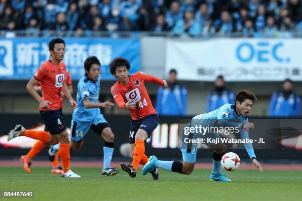 Shintaro Kurumaya of Kawasaki Frontale is fouled by Yusuke Segawa of Omiya Ardija resulting in a penalty kick during the J.League J1 match between...