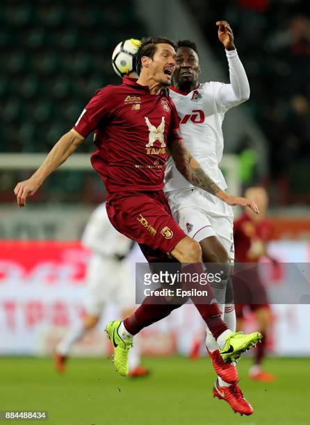 Eder of FC Lokomotiv Moscow vies for the ball with Cesar Navas of FC Rubin Kazan during the Russian Premier League match between FC Lokomotiv Moscow...