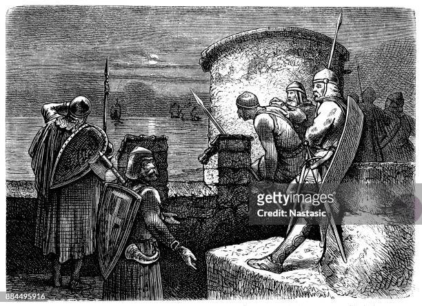 anxious guards through norman boats - viking ship stock illustrations