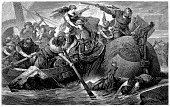 Viking raid, wood engraving by Hermann Vogel