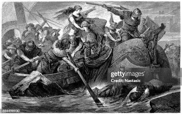 viking raid, wood engraving by hermann vogel - aggression stock illustrations