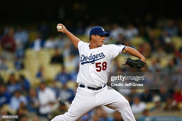 Chad Billingsley of the Los Angeles Dodgers throws a pitch against the San Diego Padres at Dodger Stadium on June 9, 2009 in Los Angeles, California.