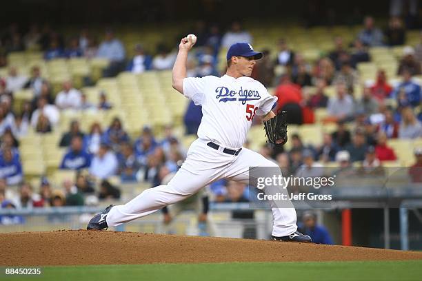 Chad Billingsley of the Los Angeles Dodgers throws a pitch against the San Diego Padres at Dodger Stadium on June 9, 2009 in Los Angeles, California.