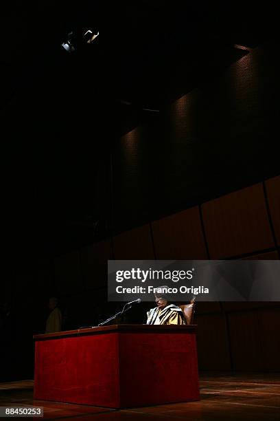 Lybia's Leader Muammar Gaddafi attends a meeting at the Auditorium Parco Della Musica on June 12, 2009 in Rome, Italy. The meeting organised for...