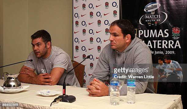 Nick Easter and England manager Martin Johnson during the England press conference at the Sheraton Salta Hotel ahead of the second test against...