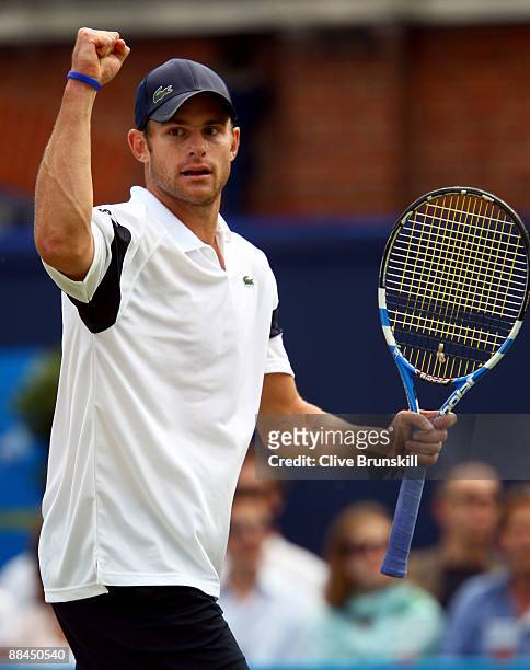 Andy Roddick of USA celebrates winning the match during the men's quarter final match against Ivo Karlovic of Croatia during Day 5 of the the AEGON...