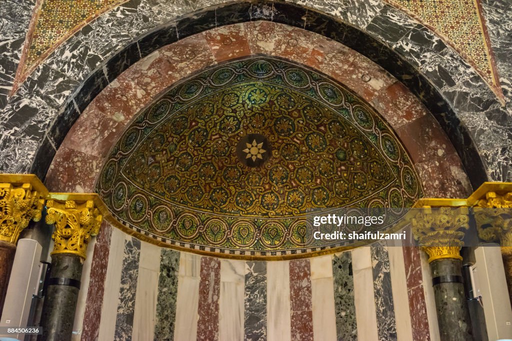 BAITULMUQADDIS, PALESTINE - 13TH NOV 2017; Internal view of Al-Aqsa Mosque, Jerusalem. Built in 691, where Prophet Mohamed ascended to heaven on an angel in his "night journey".