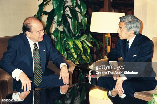 Emperor Akihito talks with Catalonia Preisdent Jordi Pujol on October 13, 1994 in Barcelona, Spain.