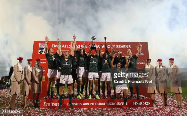 South Africa celebrates after winning the Emirates Dubai Rugby Sevens - HSBC Sevens World Series at The Sevens Stadium on December 2, 2017 in Dubai,...