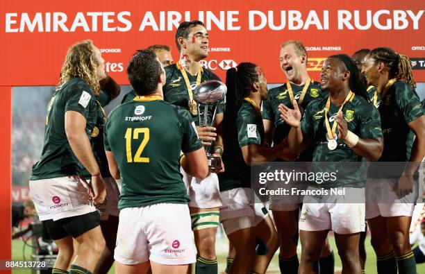 South Africa celebrates after winning the Emirates Dubai Rugby Sevens - HSBC Sevens World Series at The Sevens Stadium on December 2, 2017 in Dubai,...