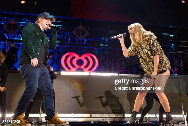 Ed Sheeran and Taylor Swift perform onstage during 102.7 KIIS FM's Jingle Ball 2017 presented by Capital One at The Forum on December 1, 2017 in...