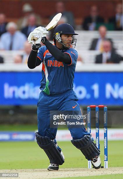 Yuvraj Singh of India hits out during the ICC World Twenty20 Super Eights match between India and West Indies at Lord's on June 12, 2009 in London,...