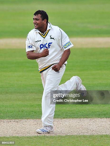 Samit Patel of Nottinghamshire celebrates taking the wicket of David Griffiths of Hampshire during day 2 of 4 of the LV County Championship Division...