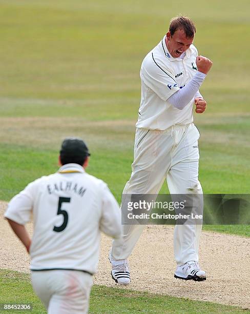 Luke Fletcher of Nottinghamshire celebrates taking the wicket of Sean Irvine of Hampshire during day 2 of 4 of the LV County Championship Division...