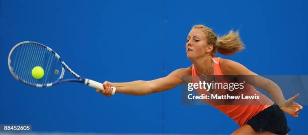 Urszula Radwanska of Poland in action against Magdalena Rybarikova of Slovakia during day five of the AEGON Classic at the Edgbaston Priory Club on...