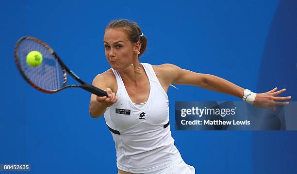 Magdalena Rybarikova of Slovakia in action against Urszula Radwanska of Poland during day five of the AEGON Classic at the Edgbaston Priory Club on...