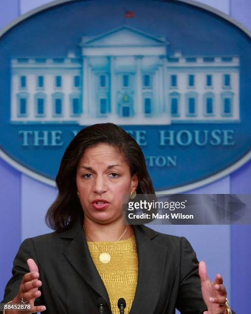 Ambassador to the United Nations Susan E. Rice speaks during a briefing at the White House June 12, 2009 in Washington, DC. Ambassador Rice said that...