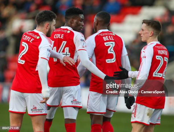 Fleetwood Town's Devante Cole celebrates scoring his side's first goal with Lewis Coyle, Amari'i Bell and Ashley Hunter during the Sky Bet League One...