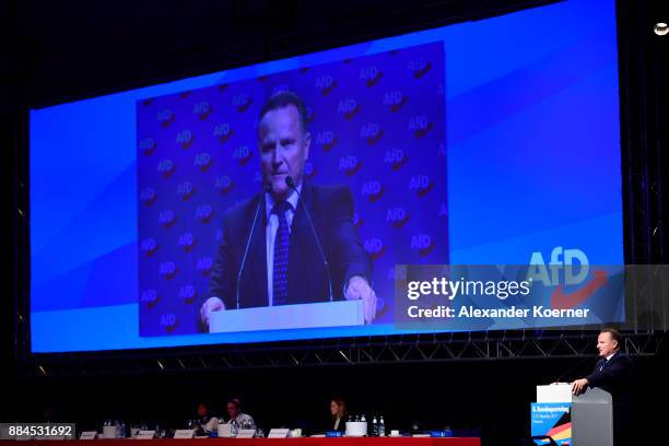 Georg Pazderski of the right-wing Alternative for Germany speaks during his election speech as co-chairman during the AfD federal congress at the...