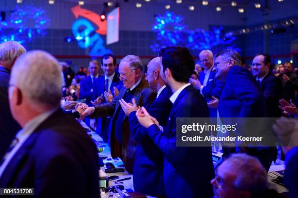 Alexander Gauland of the right-wing Alternative for Germany reacts after winning the election as co-chairman, after Georg Pazderski and Doris von...