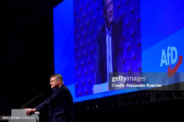 Joerg Meuthen of the right-wing Alternative for Germany speaks during his election speech for chairman during the federal congress at the Hannover...
