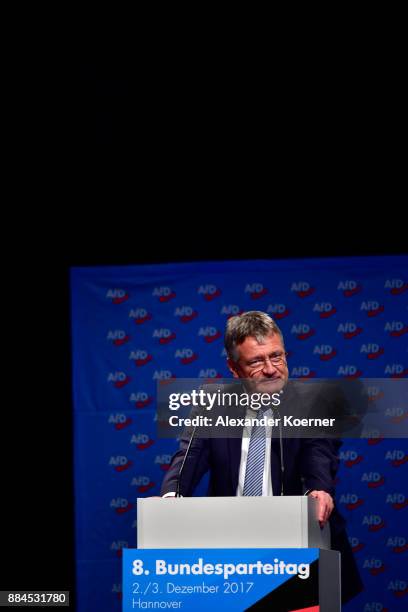 Joerg Meuthen of the right-wing Alternative for Germany speaks during his election speech for chairman during the federal congress at the Hannover...