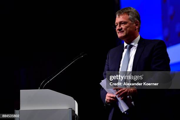 Joerg Meuthen of the right-wing Alternative for Germany speaks during his election speech for chairman during the federal congress at the Hannover...