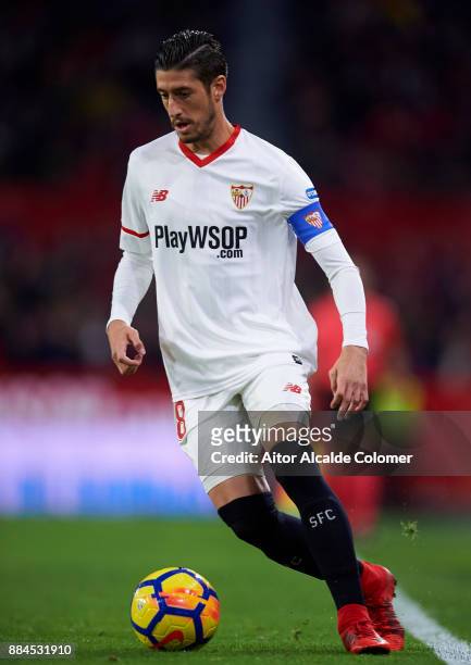 Sergio Escudero of Sevilla controls the ball during the La Liga match between Sevilla and Deportivo La Coruna at Estadio Ramon Sanchez Pizjuan on...