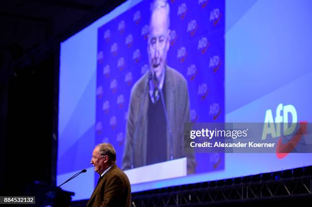 Alexander Gauland of the right-wing Alternative for Germany speaks during his election speech as co-chairman during the AfD federal congress at the...